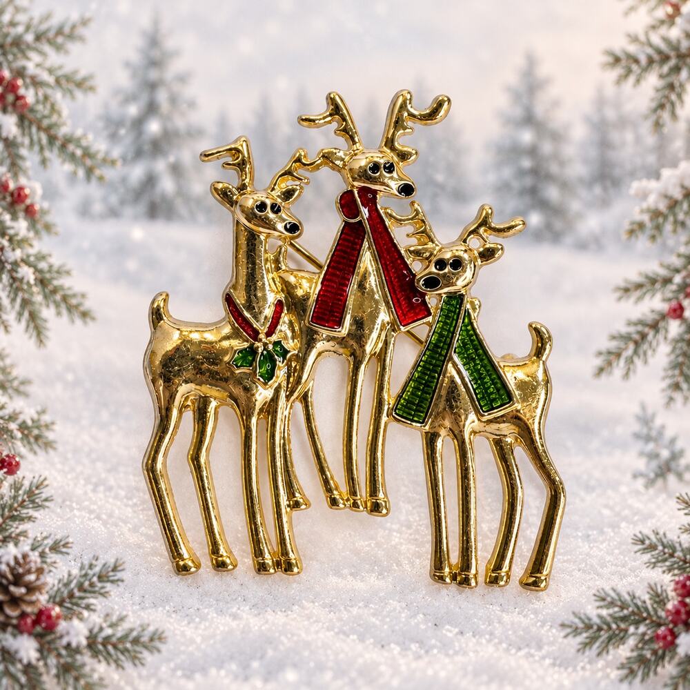 Vintage Three Reindeer Brooch Gold Tone Enamel Christmas Holiday Deer Pin CP261